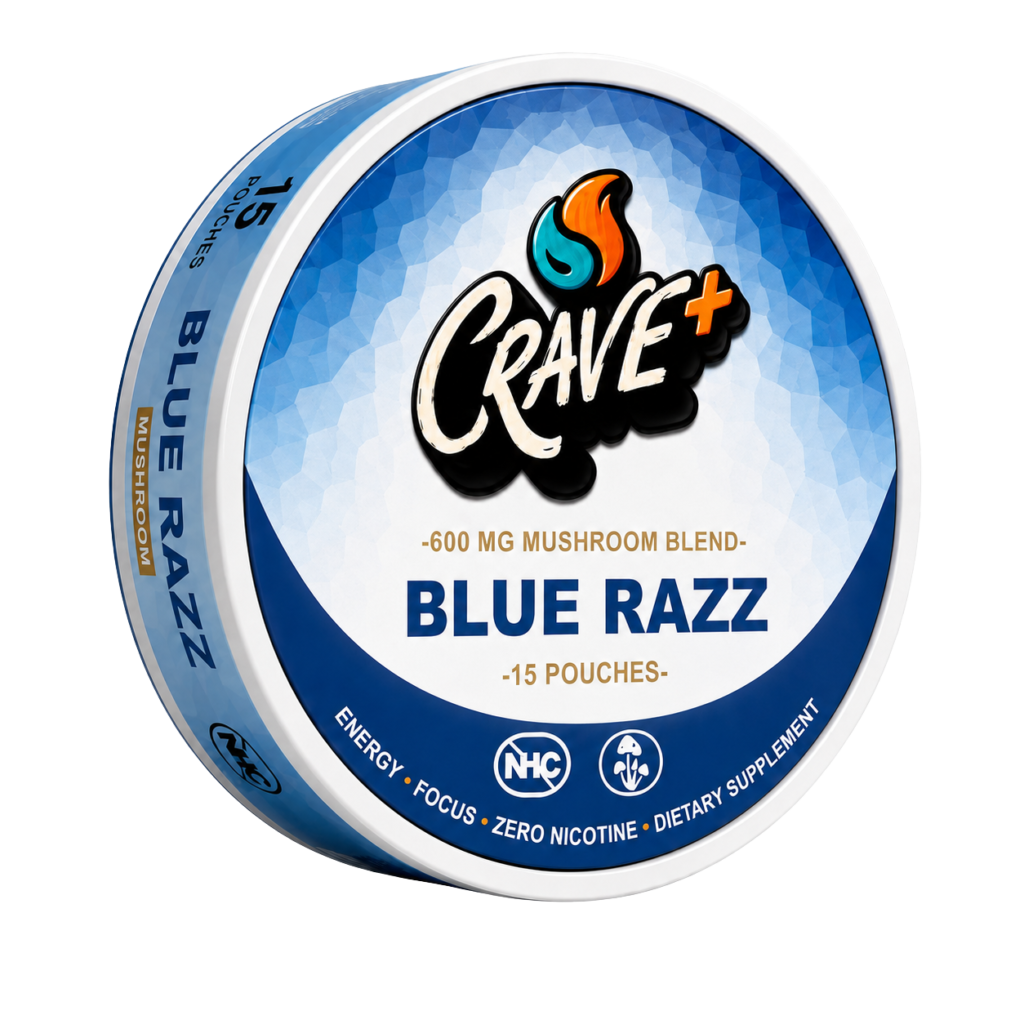 Crave Mushroom Pouch in Blue Razz flavor - tin of 15 zero nicotine pouches with a 600 mg mushroom blend