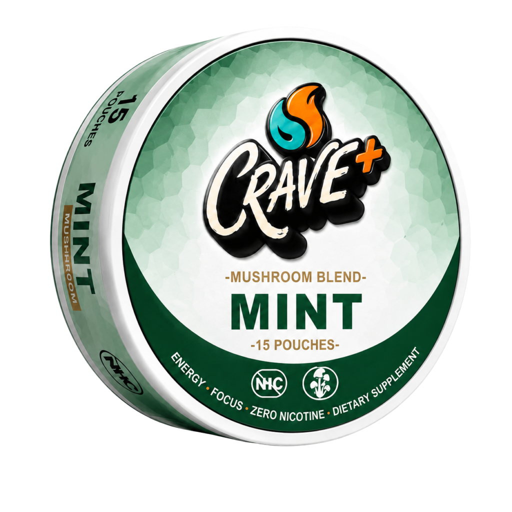 Crave Mushroom Pouch in Cool Mint flavor - tin of 15 zero nicotine pouches with a 600 mg mushroom blend