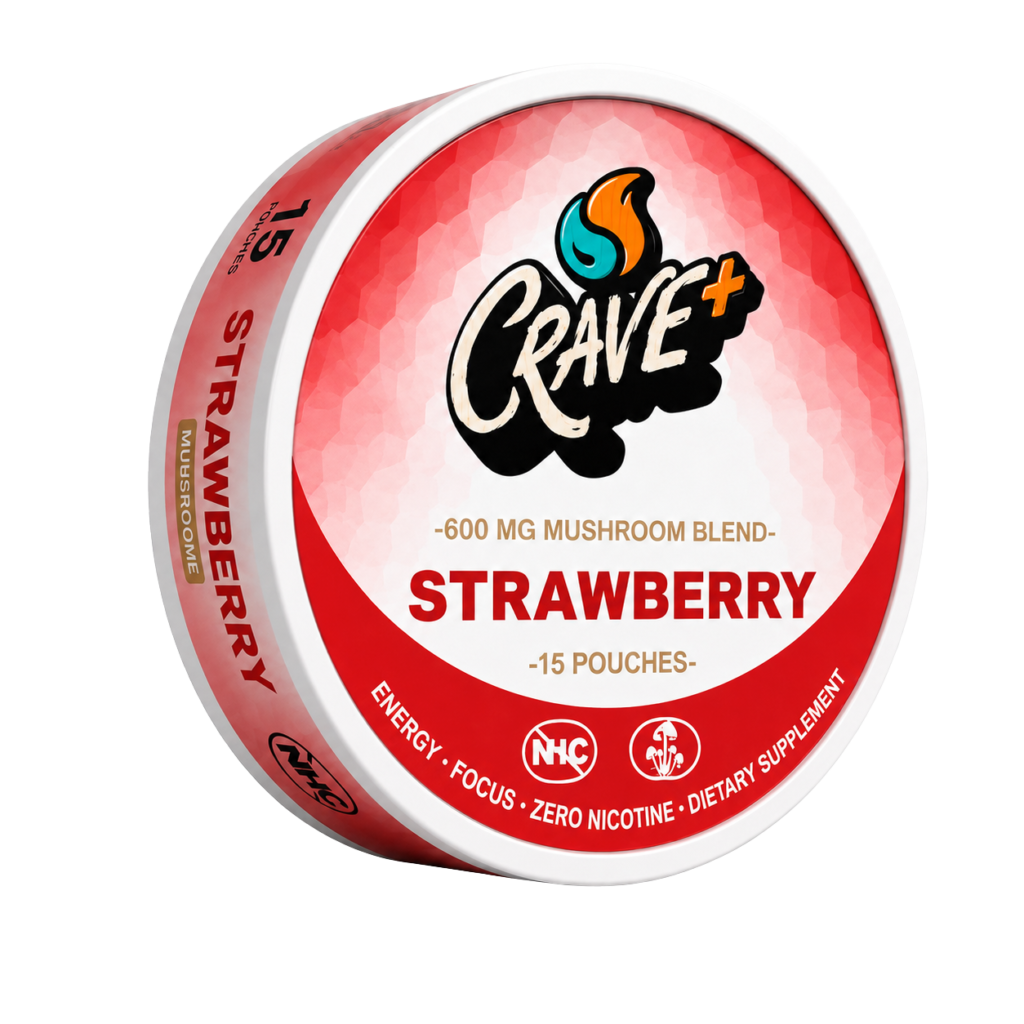 Crave Mushroom Pouch in Strawberry flavor - tin of 15 zero nicotine pouches with a 600 mg mushroom blend