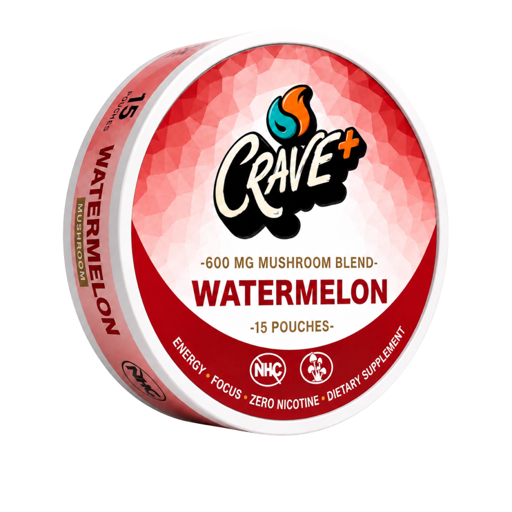 Crave Mushroom Pouch in Watermelon flavor - tin of 15 zero nicotine pouches with a 600 mg mushroom blend