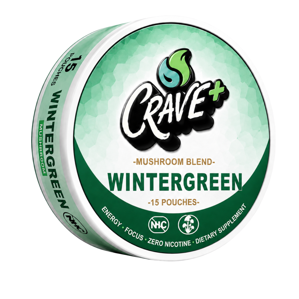 Crave Mushroom Pouch in Wintergreen flavor - tin of 15 zero nicotine pouches with a 600 mg mushroom blend